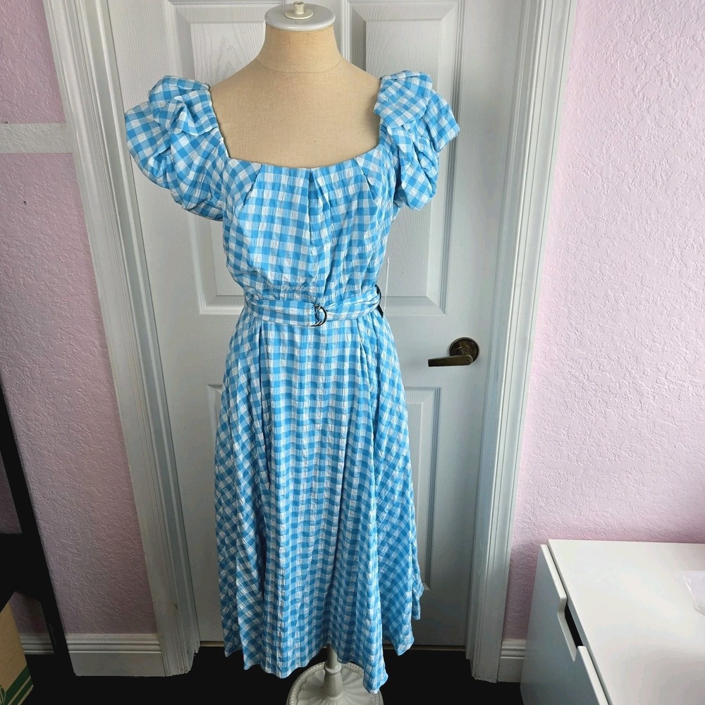 Maison Tara Blue Gingham Check Twirl Dress Size 12 Puff Sleeves Dorthy Costume